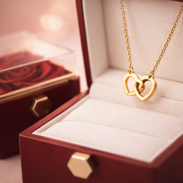 Amour Éternel – Collier Cœurs avec Rose