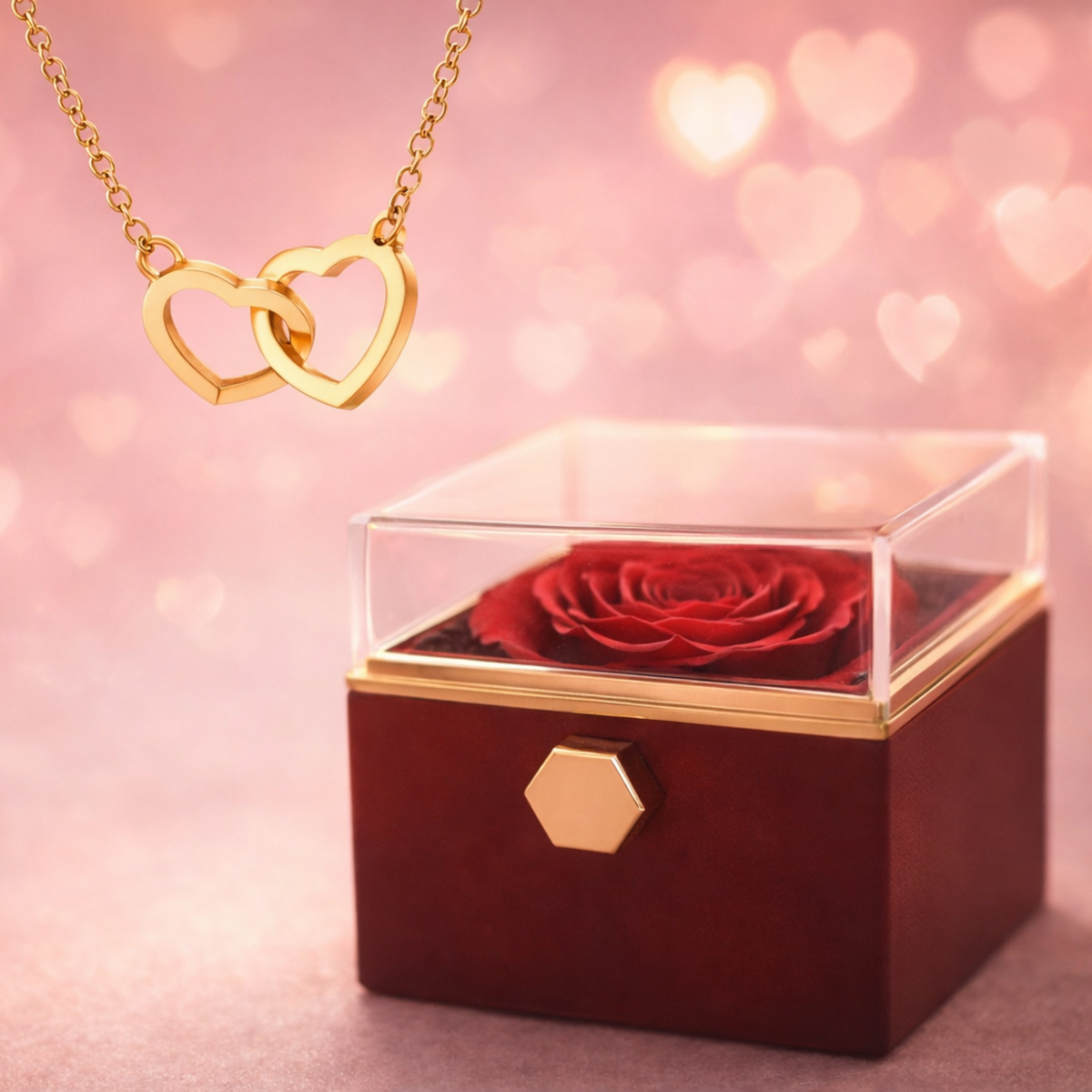 Amour Éternel – Collier Cœurs avec Rose