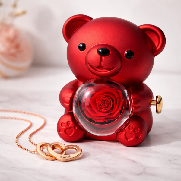 Cœurs Unis – Ourson avec Rose Éternelle