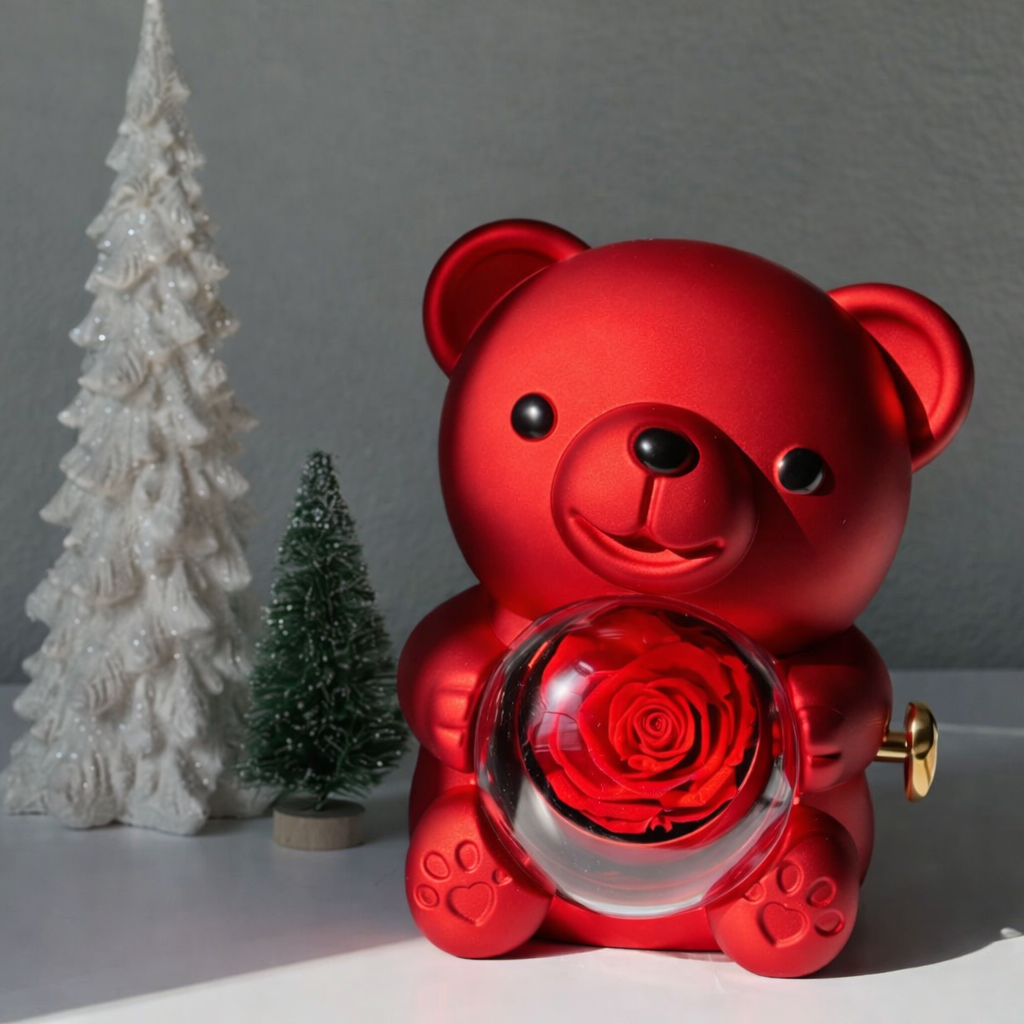 Cœurs Unis – Ourson avec Rose Éternelle